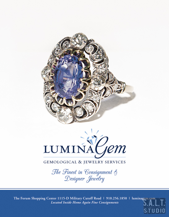 Lumina Gem Advertisement for Focus on the Coast Magazine. Product photography by Kelly Starbuck for SALT Studio Photography, Wilmington, NC.